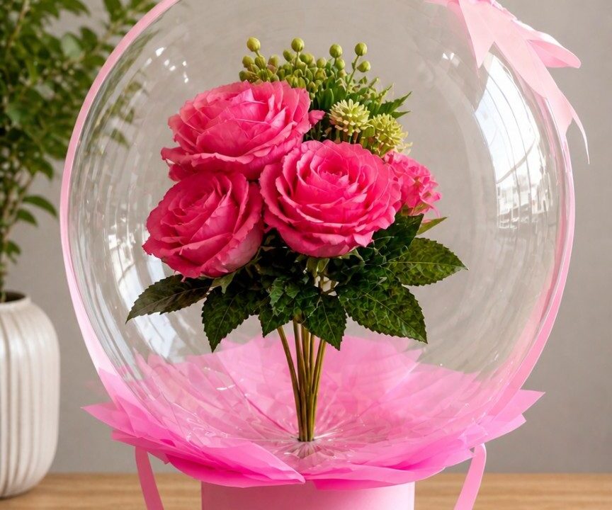 Arranjo de balão transparente com rosas pink e decoração rosa da Pejuca Festas em Itanhaém SP