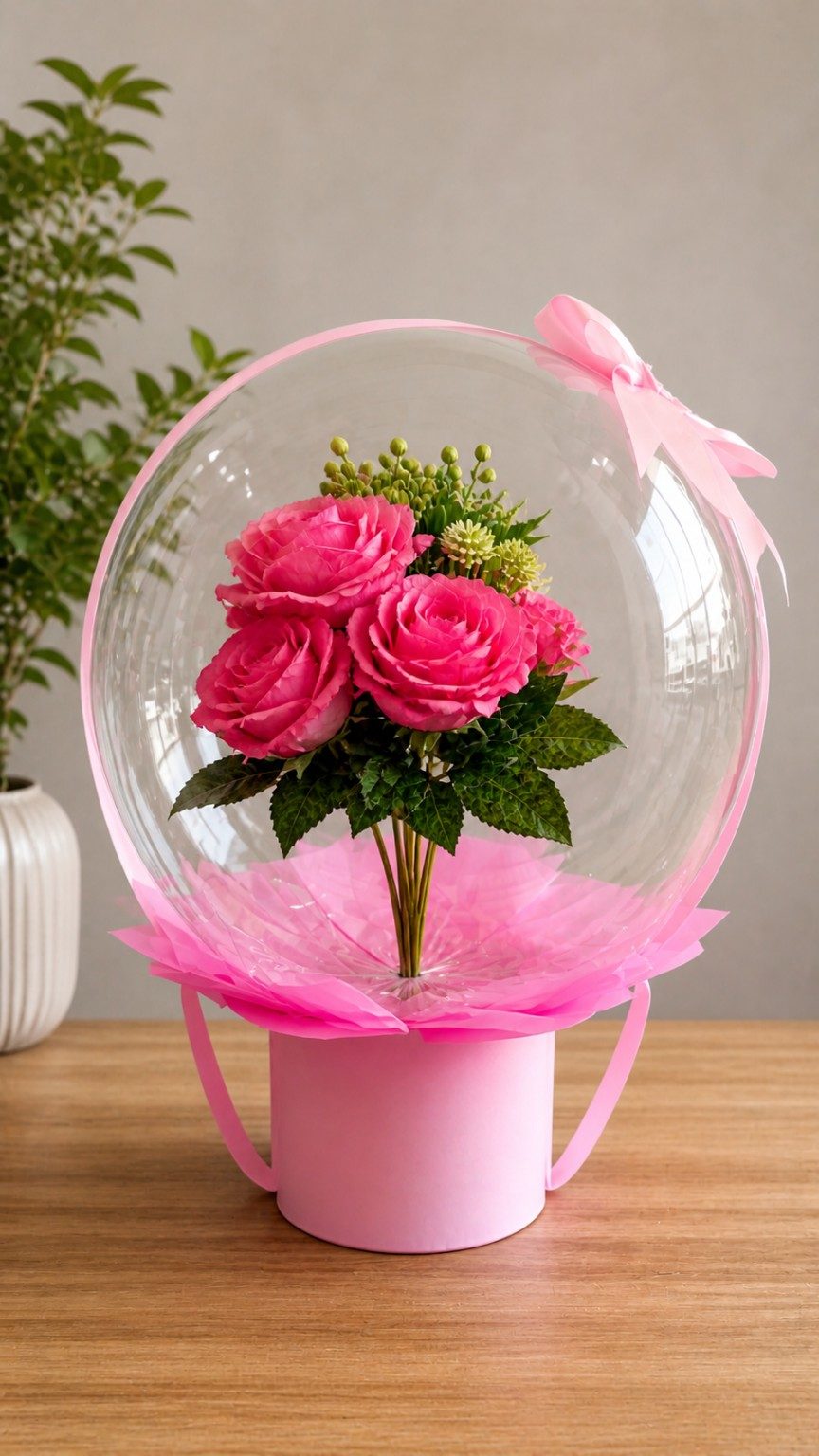 Arranjo de balão bubble com flores rosas – Pejuca Festas Itanhaém Arranjo de balão transparente com rosas pink e decoração rosa da Pejuca Festas em Itanhaém SP